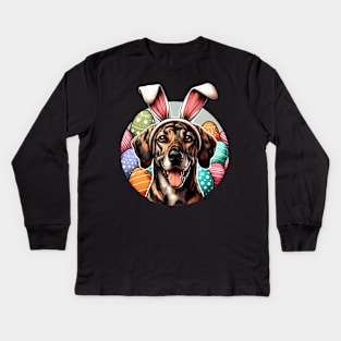 Plott Hound Welcomes Spring with Easter Bunny Ears Kids Long Sleeve T-Shirt